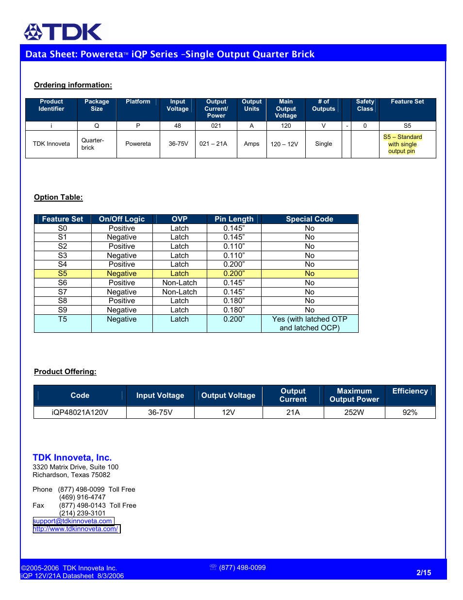 Data sheet: powereta, Iqp series –single output quarter brick, Tdk innoveta, inc | TDK Powereta iQP Series User Manual | Page 2 / 15