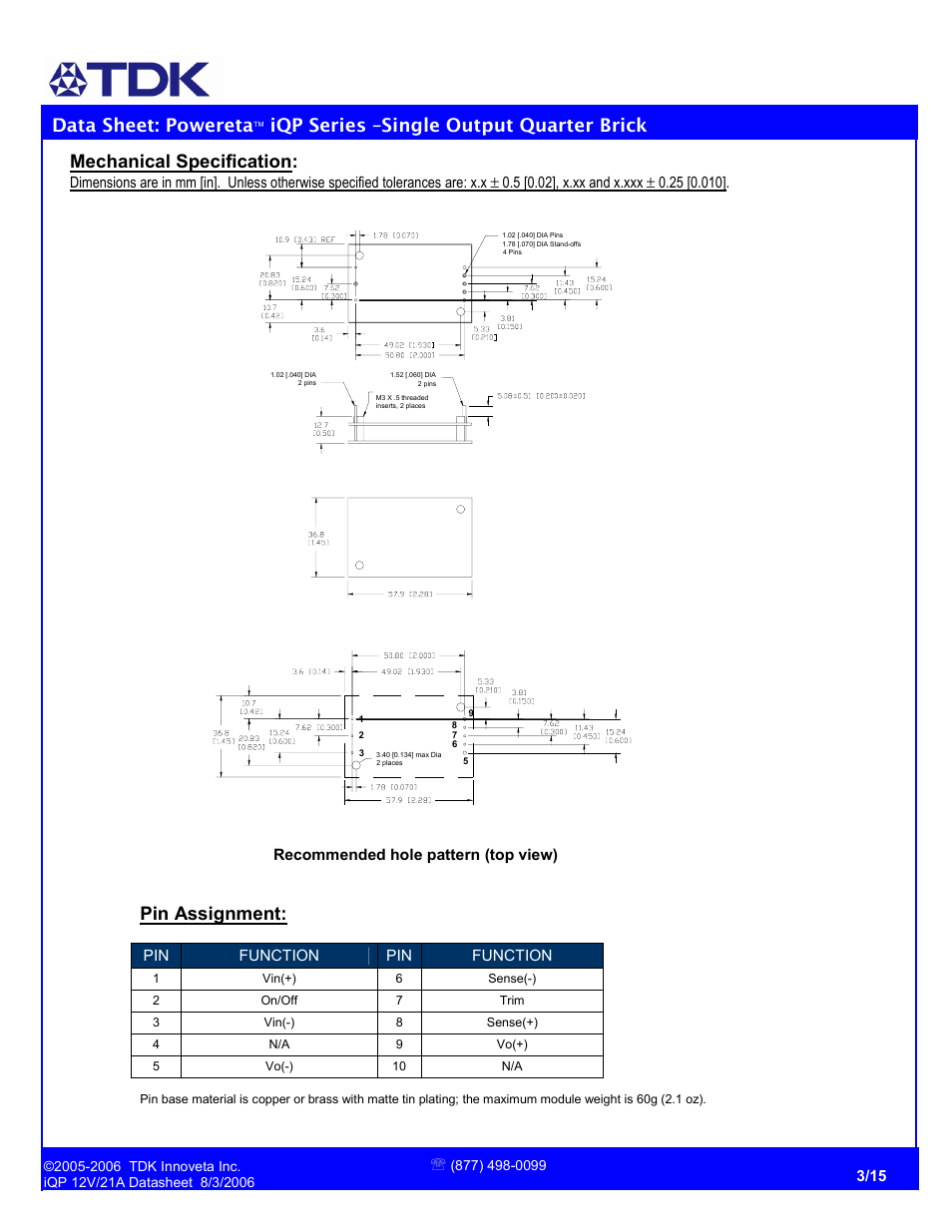 Data sheet: powereta, Iqp series –single output quarter brick, Mechanical specification | Pin assignment | TDK Powereta iQP Series User Manual | Page 3 / 15