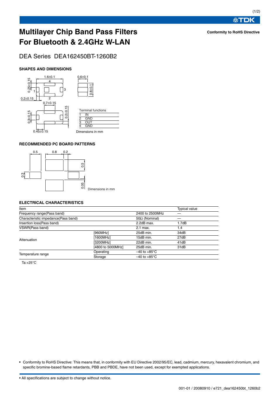 TDK DEA Series DEA162450BT-1260B2 User Manual | 2 pages