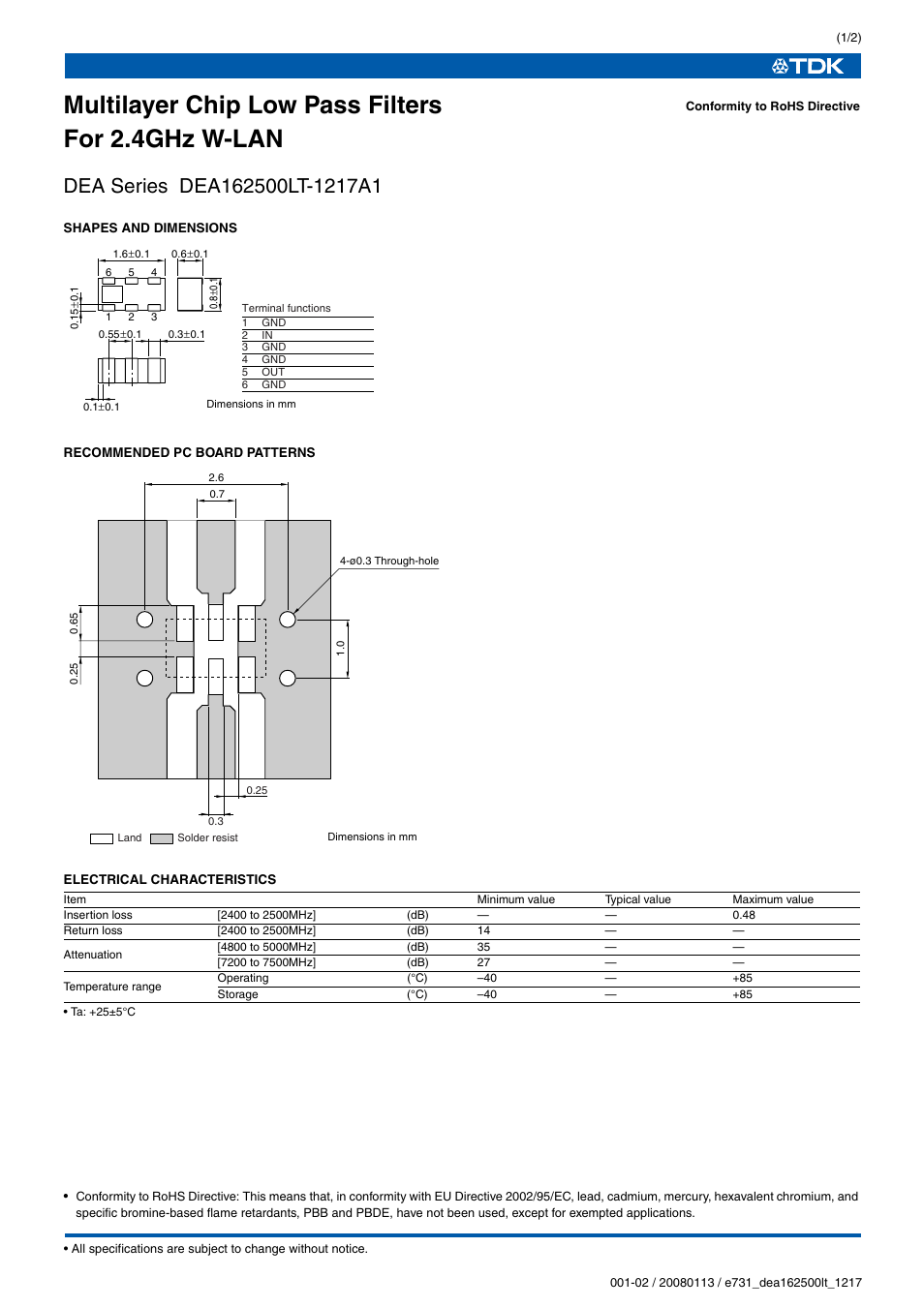 TDK DEA Series DEA162500LT-1217A1 User Manual | 2 pages