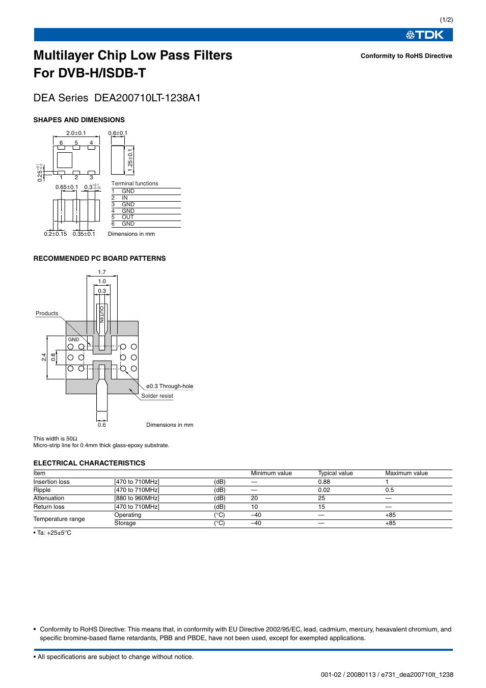TDK DEA Series DEA200710LT-1238A1 User Manual | 2 pages