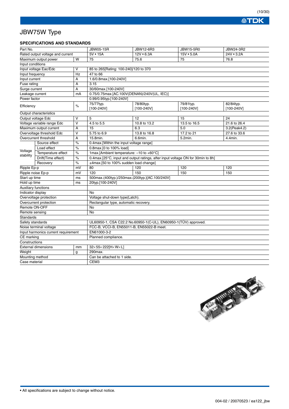 Jbw75w type | TDK J Series JBW User Manual | Page 10 / 30