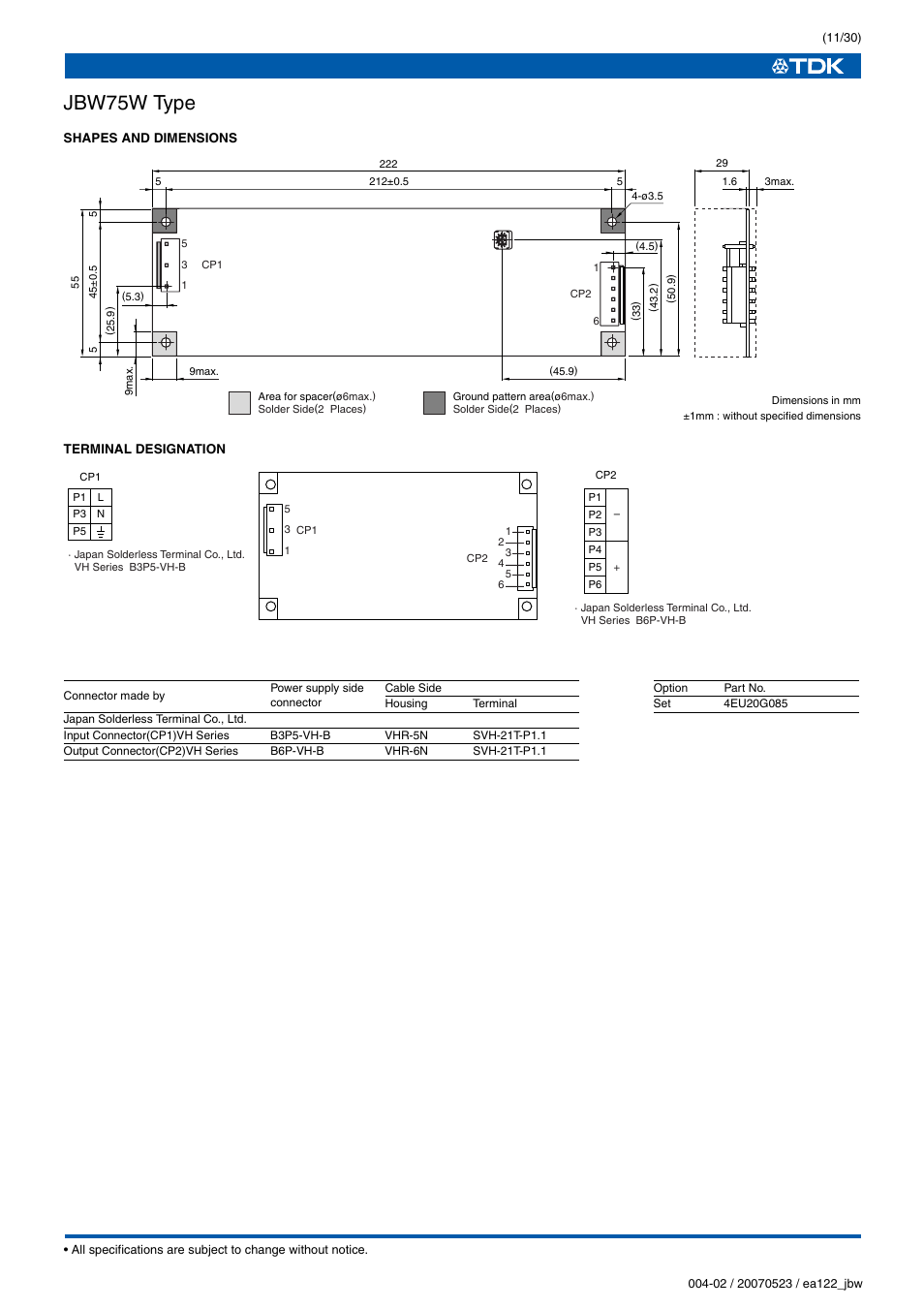 Jbw75w type | TDK J Series JBW User Manual | Page 11 / 30