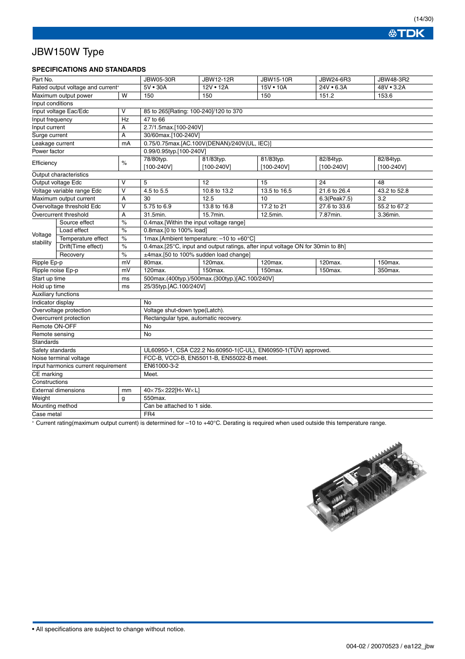 Jbw150w type | TDK J Series JBW User Manual | Page 14 / 30