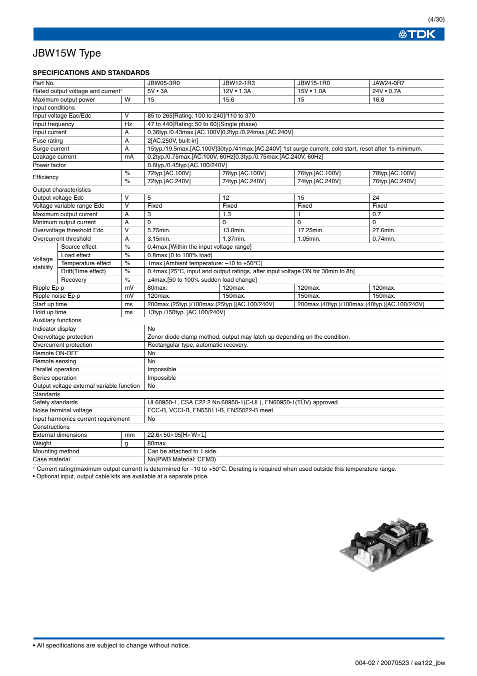 Jbw15w type | TDK J Series JBW User Manual | Page 4 / 30