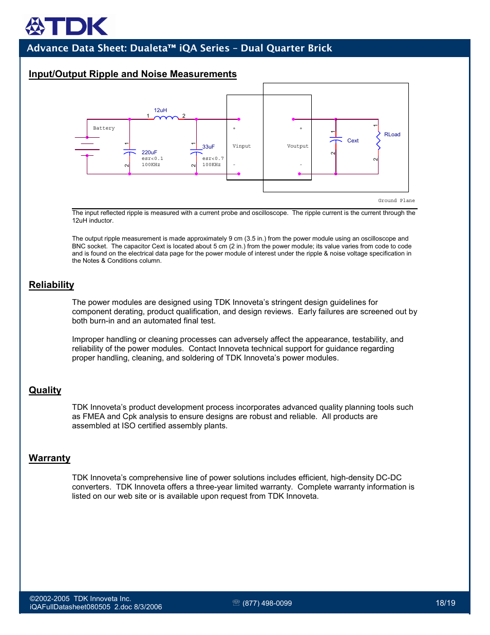 Input/output ripple and noise measurements, Reliability, Quality | Warranty | TDK Dualeta iQA Series User Manual | Page 18 / 19