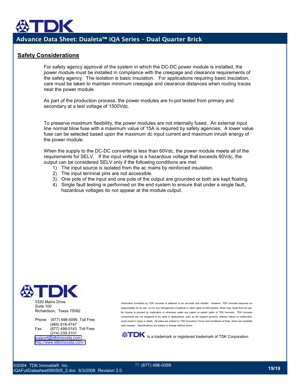 Safety considerations | TDK Dualeta iQA Series User Manual | Page 19 / 19