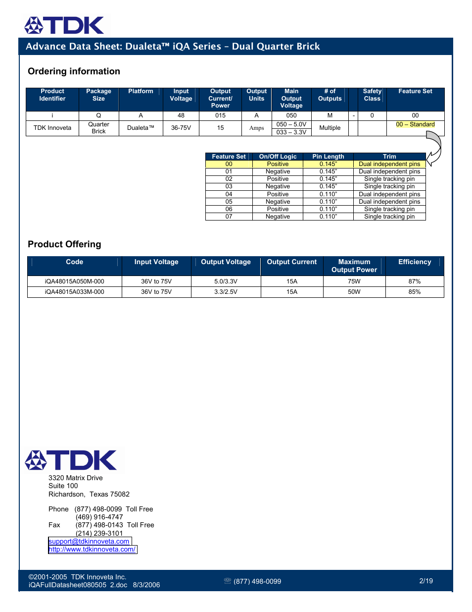 Ordering information, Product offering | TDK Dualeta iQA Series User Manual | Page 2 / 19