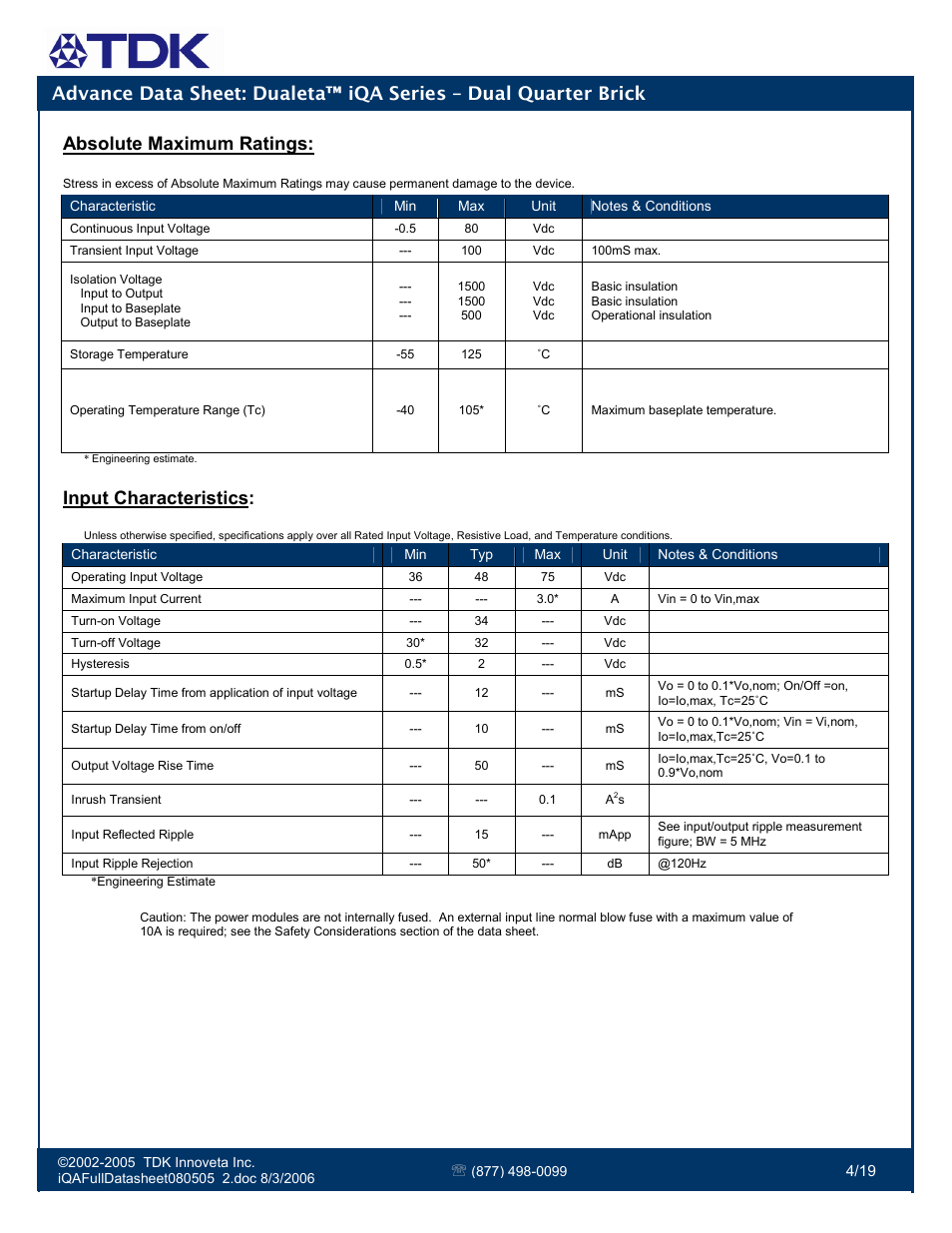 Absolute maximum ratings, Input characteristics | TDK Dualeta iQA Series User Manual | Page 4 / 19