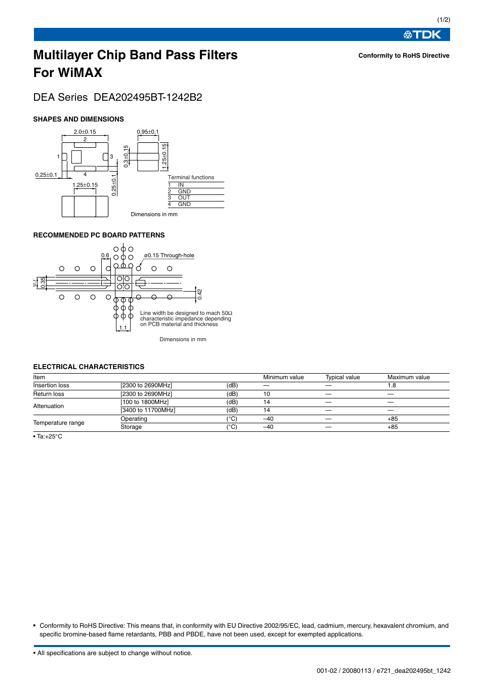 TDK DEA Series DEA202495BT-1242B2 User Manual | 2 pages