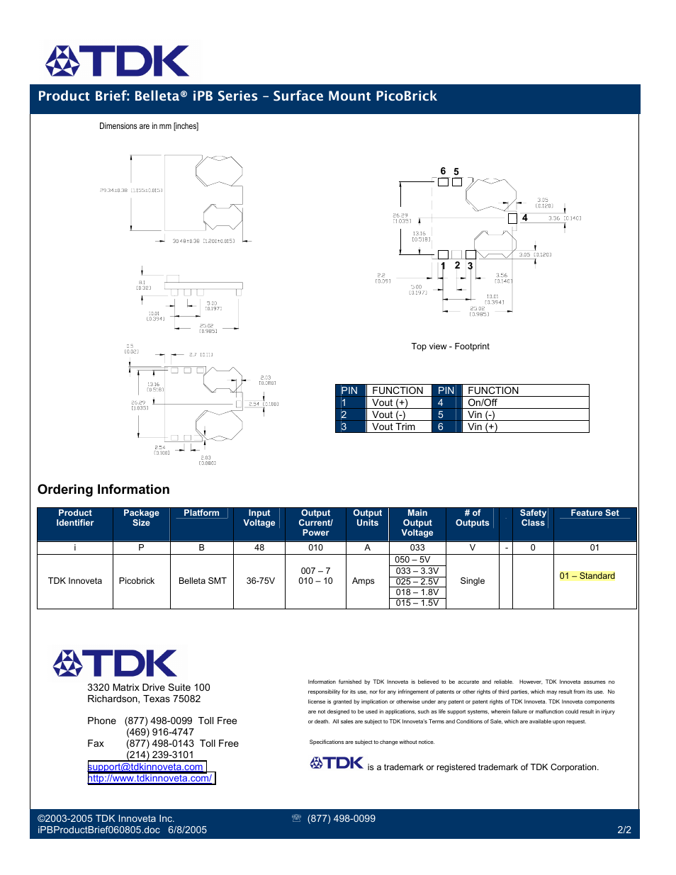 Ordering information | TDK Belleta iPB Series User Manual | Page 2 / 2