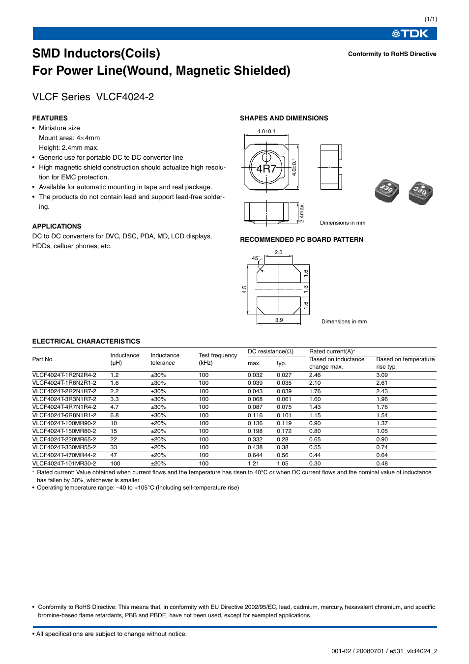 TDK VLCF Series VLCF4024-2 User Manual | 1 page