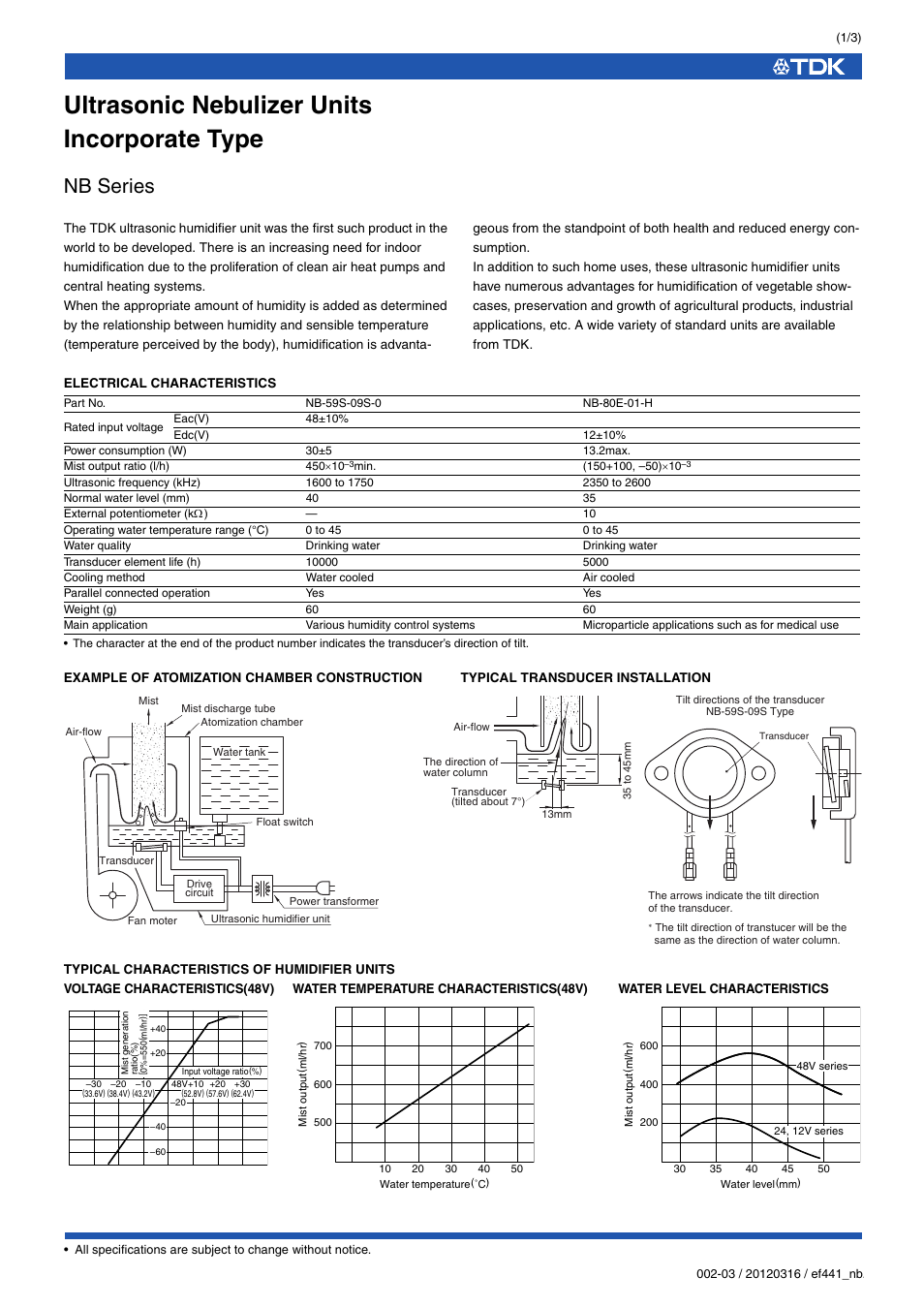Ultrasonic nebulizer units incorporate type, Nb series | TDK NB-59S-09S-0 User Manual | Page 2 / 4