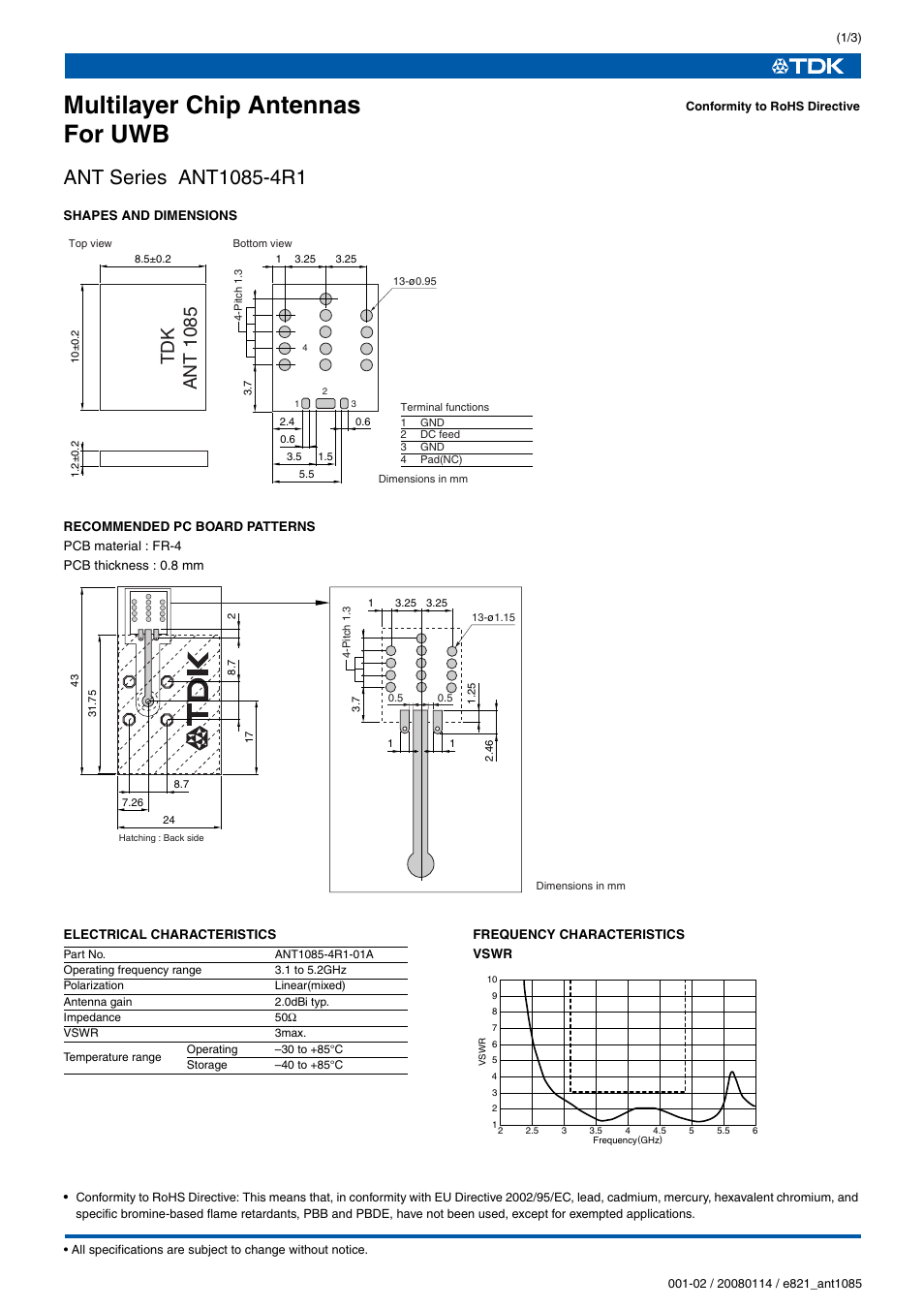 TDK Multilayer Chip Antennas ANT1085-4R1 User Manual | 3 pages