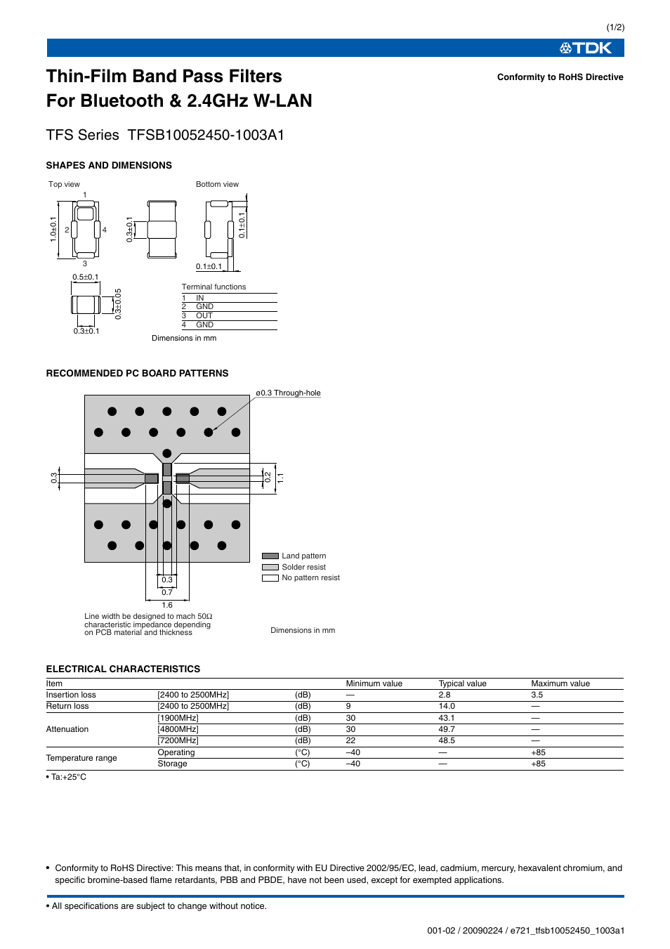 TDK TFS Series TFSB10052450-1003A1 User Manual | 2 pages