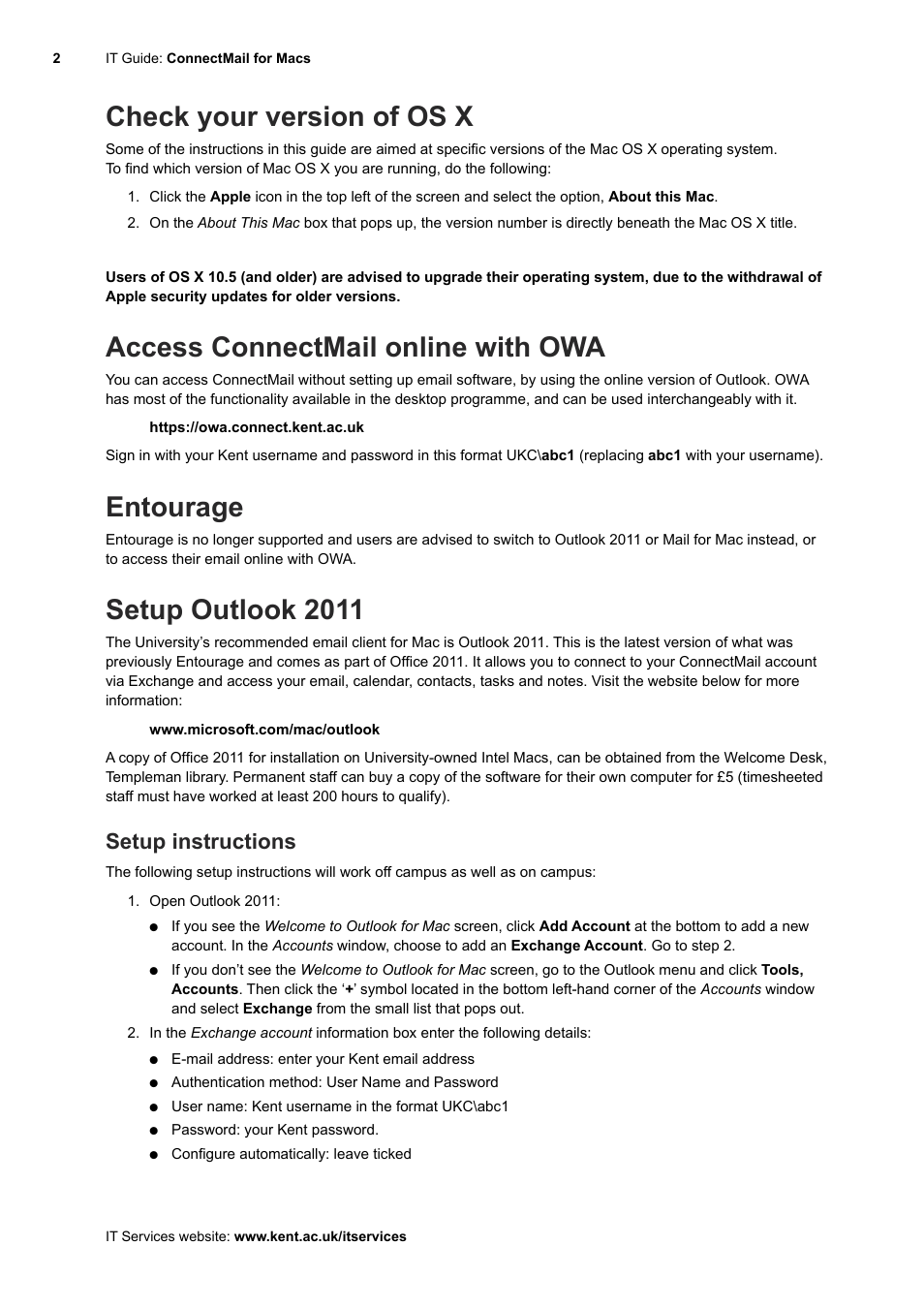 Check your version of os x, Access connectmail online with owa, Entourage | Setup outlook 2011, Setup instructions | University of Kent ConnectMail for Macs (IT user guide) User Manual | Page 2 / 5