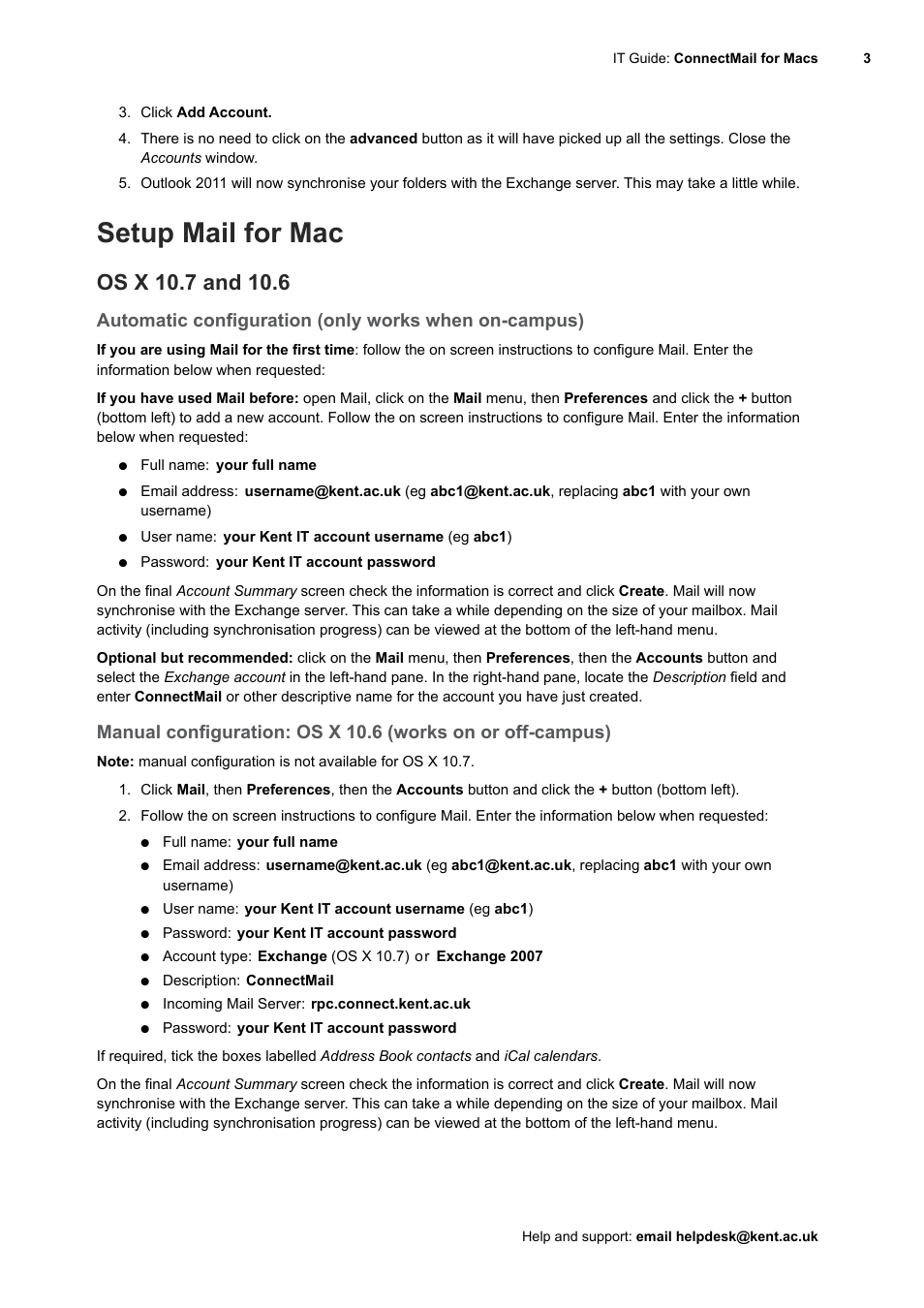 Setup mail for mac, Os x 10.7 and 10.6 | University of Kent ConnectMail for Macs (IT user guide) User Manual | Page 3 / 5