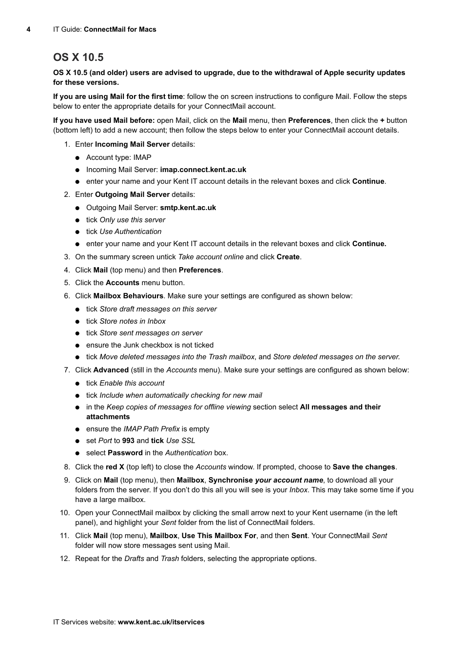 Os x 10.5 | University of Kent ConnectMail for Macs (IT user guide) User Manual | Page 4 / 5