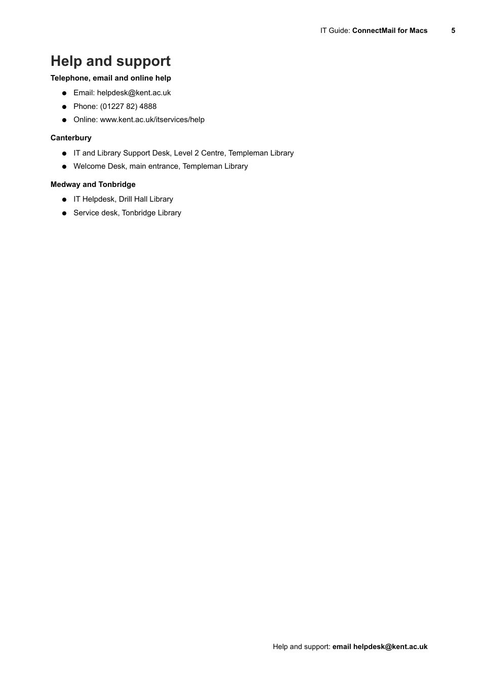 Help and support | University of Kent ConnectMail for Macs (IT user guide) User Manual | Page 5 / 5