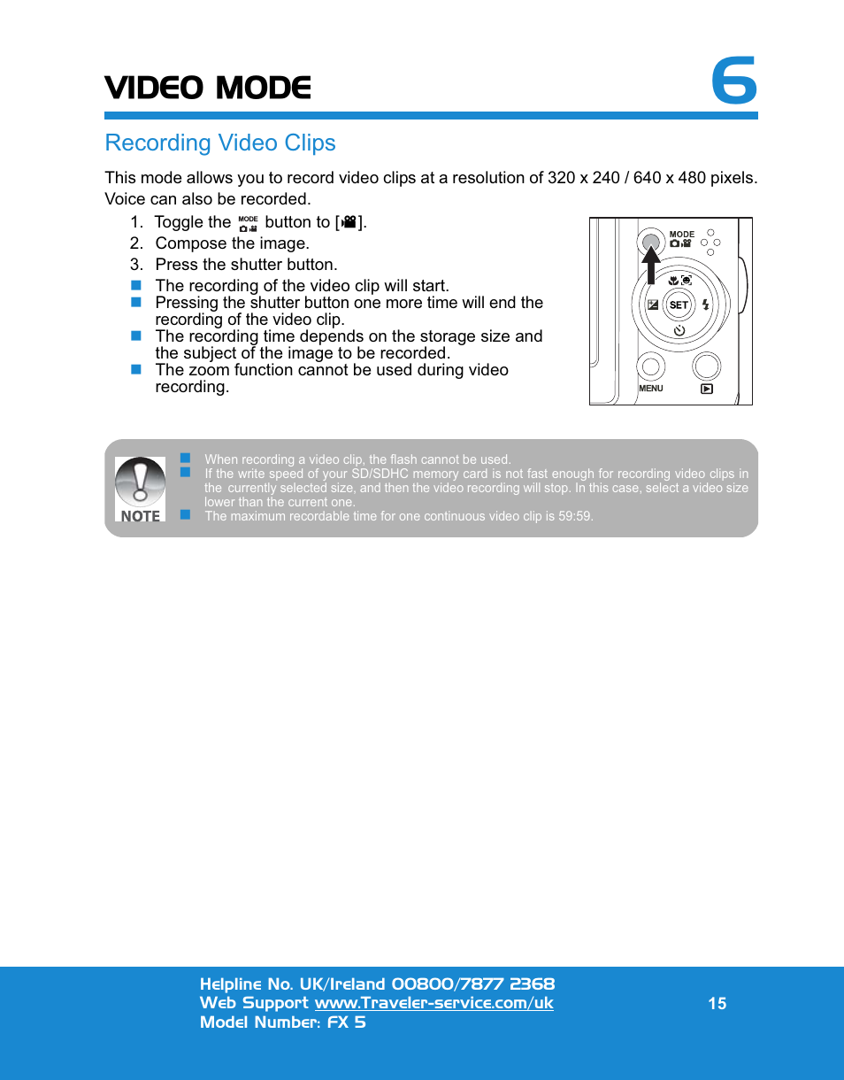 Video mode, Recording video clips | Traveler FX 5 User Manual | Page 15 / 30