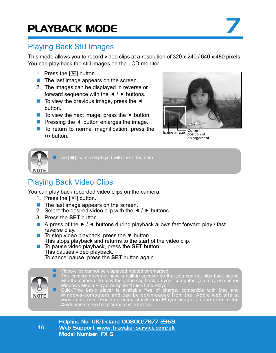 Playback mode, Playing back still images, Playing back video clips | Traveler FX 5 User Manual | Page 16 / 30