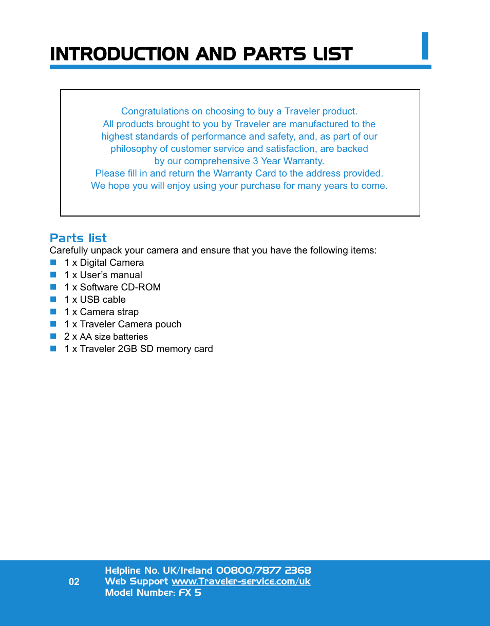 Introduction and parts list | Traveler FX 5 User Manual | Page 2 / 30
