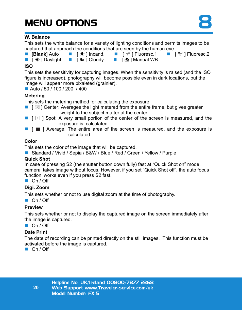 Menu options | Traveler FX 5 User Manual | Page 20 / 30