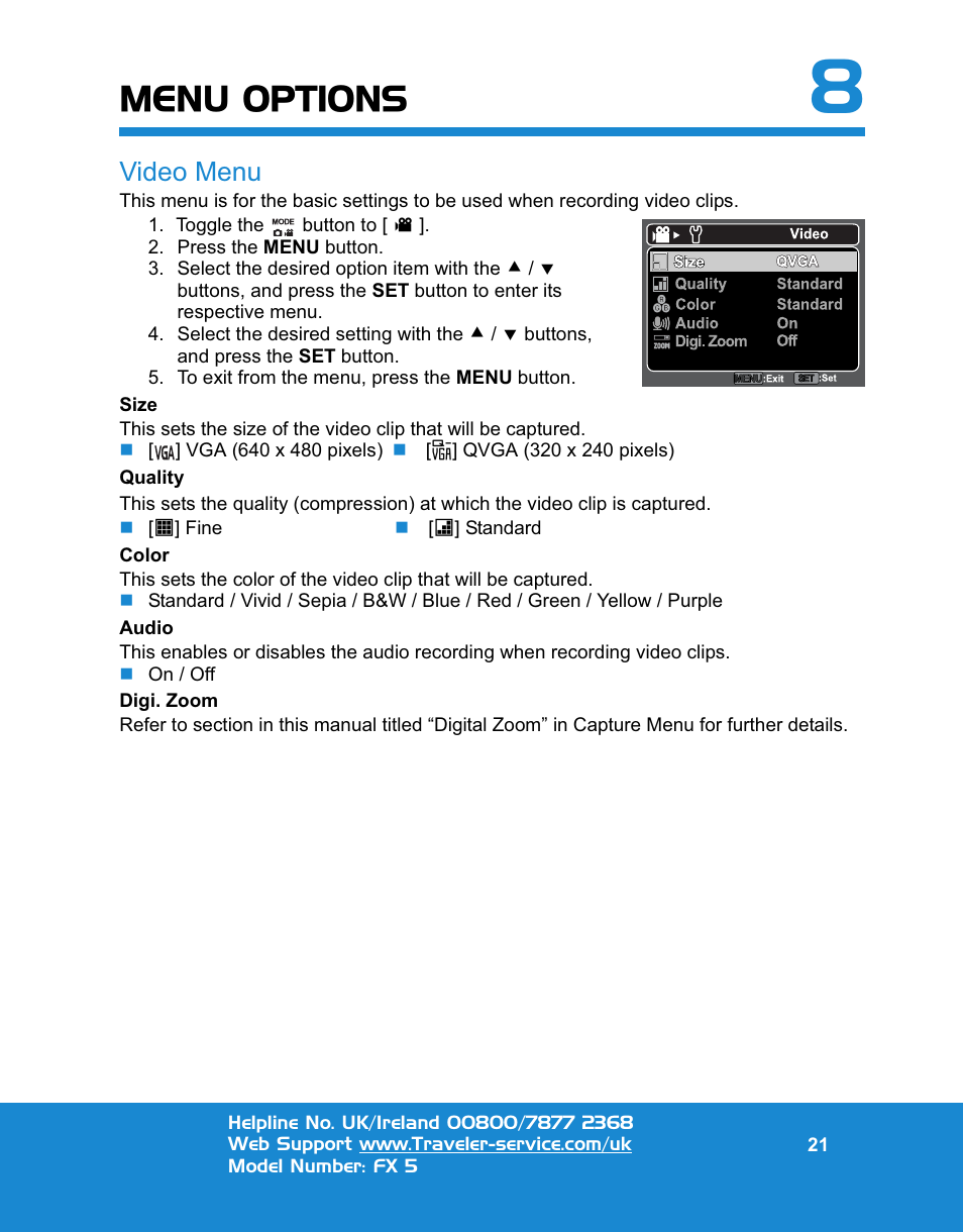 Menu options, Video menu | Traveler FX 5 User Manual | Page 21 / 30