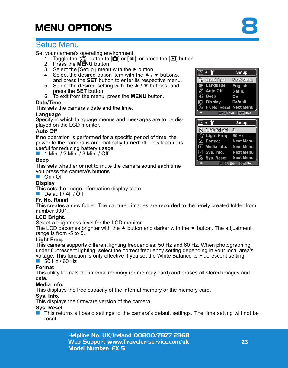Menu options, Setup menu | Traveler FX 5 User Manual | Page 23 / 30
