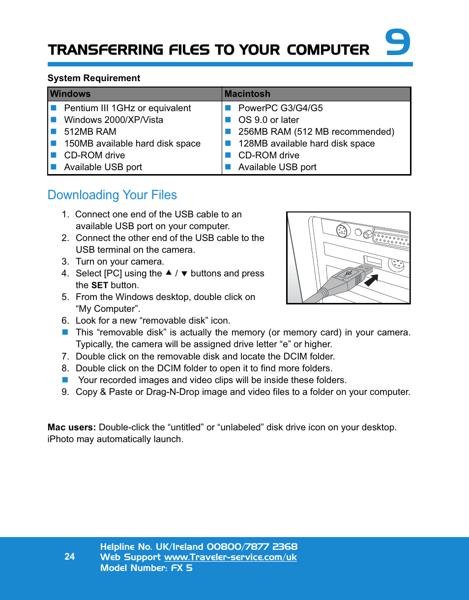 Transferring files to your  computer, Downloading your files | Traveler FX 5 User Manual | Page 24 / 30