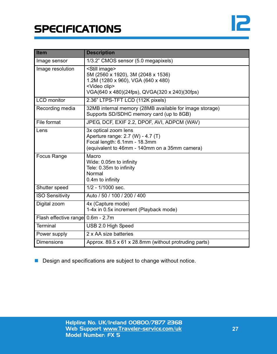 Specifications | Traveler FX 5 User Manual | Page 27 / 30