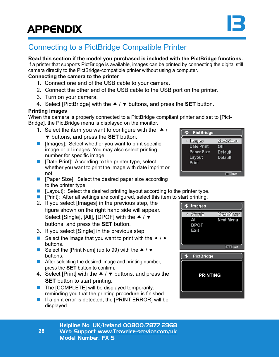 Appendix, Connecting to a pictbridge compatible printer | Traveler FX 5 User Manual | Page 28 / 30