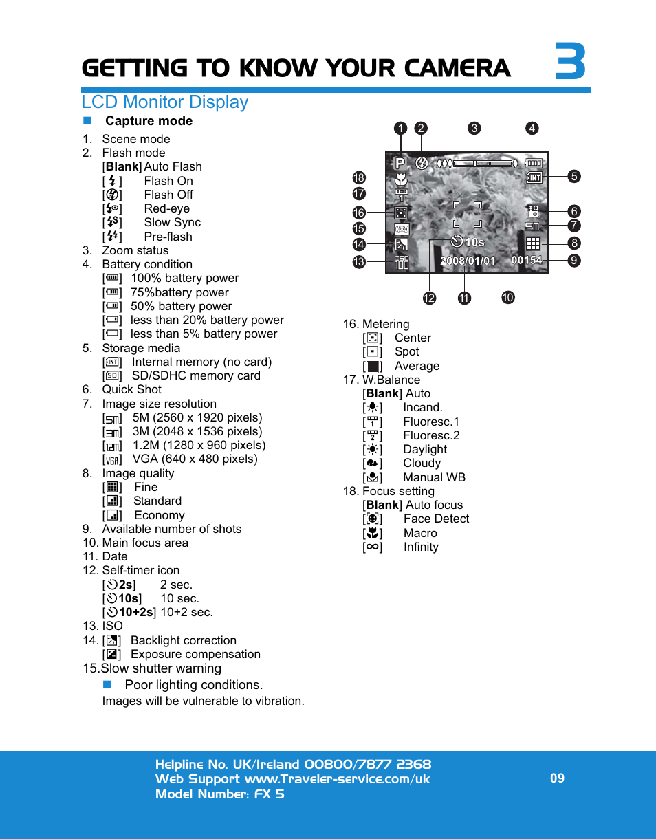 Getting to know your camera, Lcd monitor display | Traveler FX 5 User Manual | Page 9 / 30