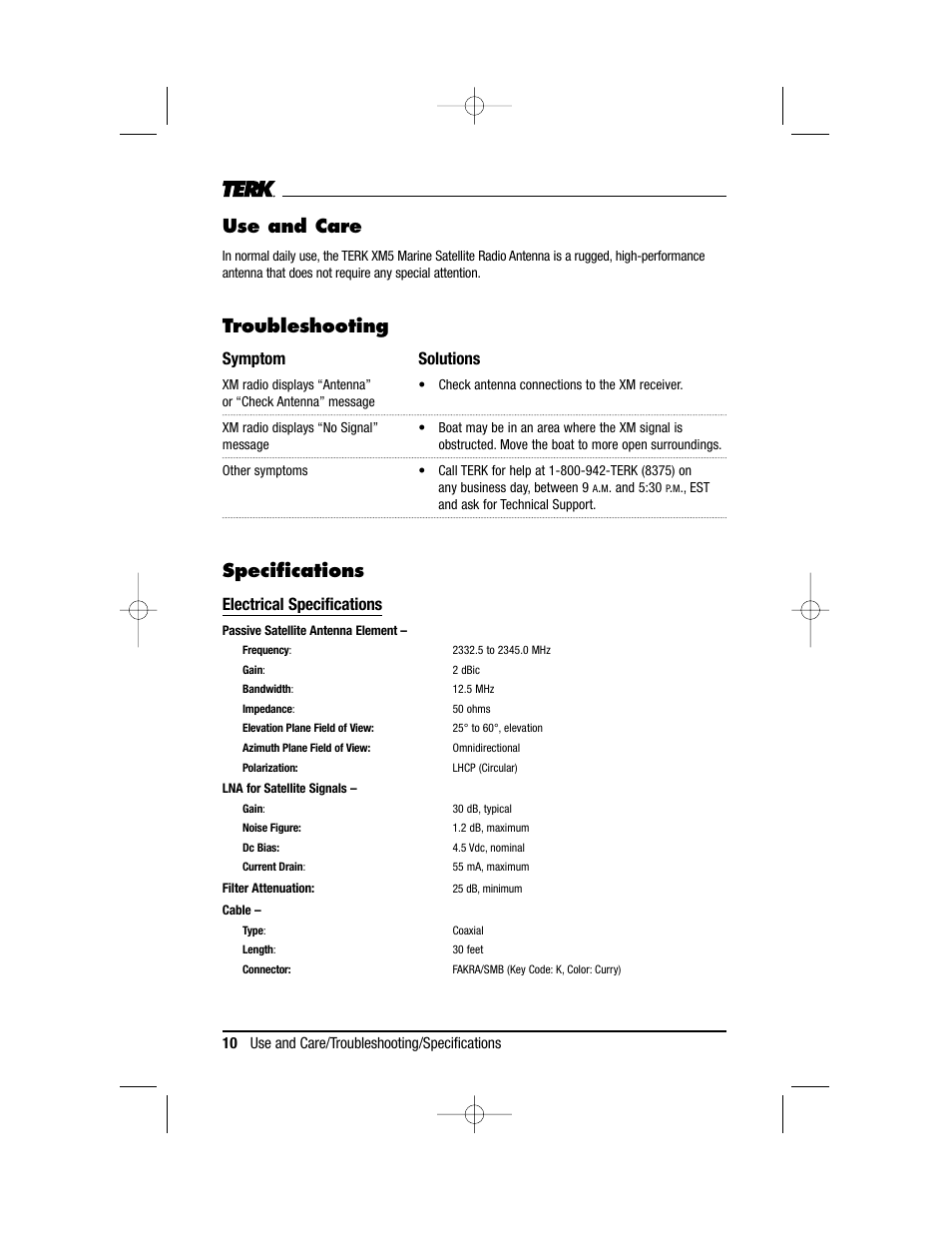 Use and care, Troubleshooting, Specifications | Symptom solutions, Electrical specifications | TERK Technologies XM5 User Manual | Page 10 / 12