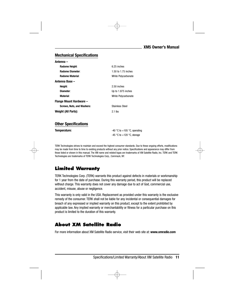 Limited warranty, About xm satellite radio, Xm5 owner’s manual | Mechanical specifications, Other specifications | TERK Technologies XM5 User Manual | Page 11 / 12