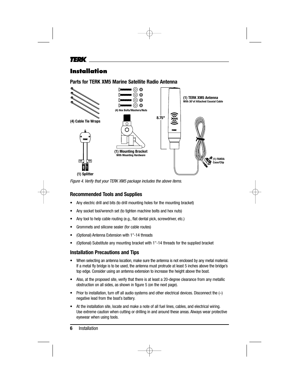 Installation, Parts for terk xm5 marine satellite radio antenna, Recommended tools and supplies | Installation precautions and tips | TERK Technologies XM5 User Manual | Page 6 / 12