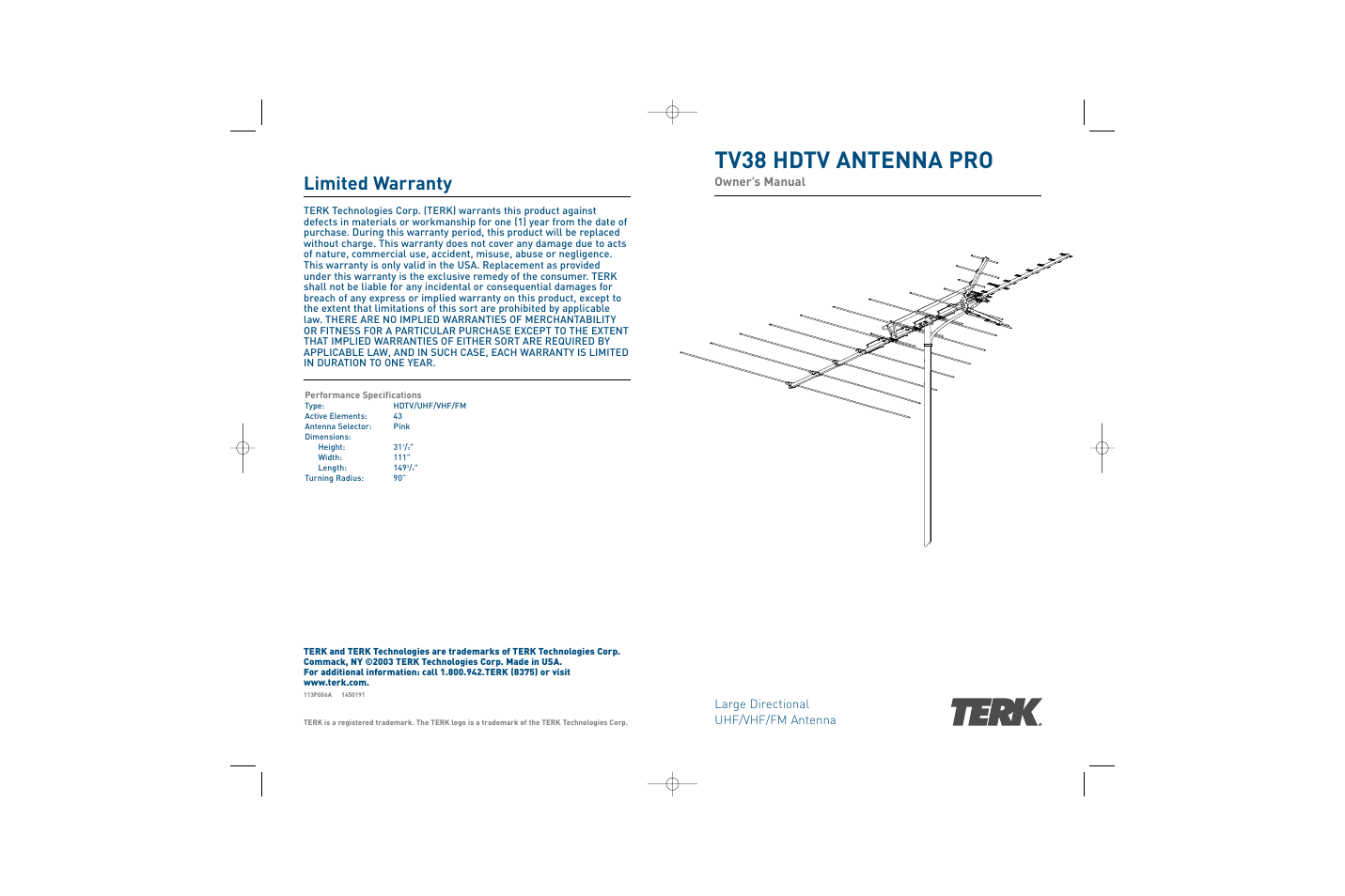 TERK Technologies TV38 HDTV User Manual | 8 pages