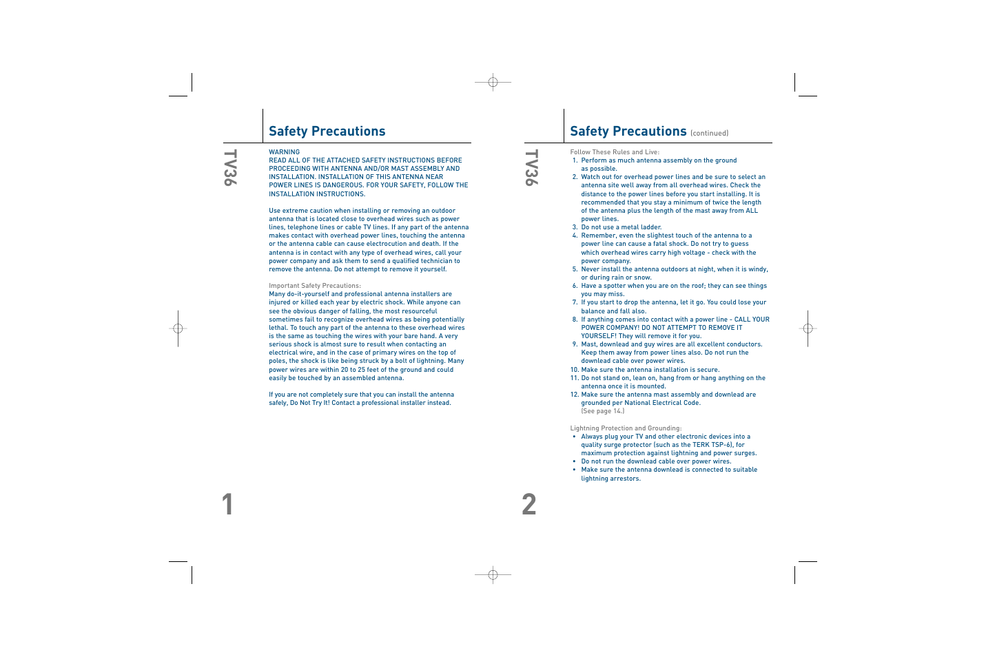 Tv36, Safety precautions | TERK Technologies TERK TV36 User Manual | Page 2 / 8