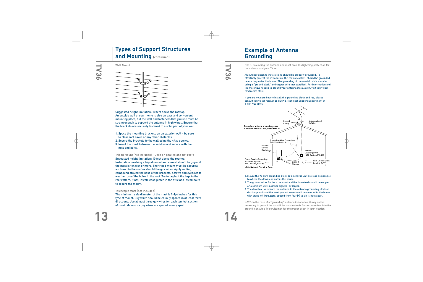 Tv36, Types of support structures and mounting, Example of antenna grounding | TERK Technologies TERK TV36 User Manual | Page 8 / 8