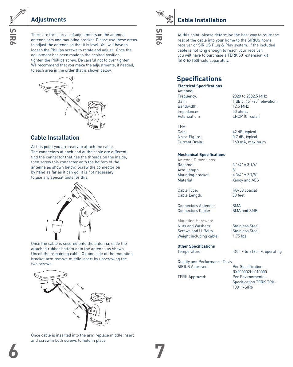 Sir6, Specifications, Adjustments | Cable installation | TERK Technologies SIR6 User Manual | Page 4 / 4