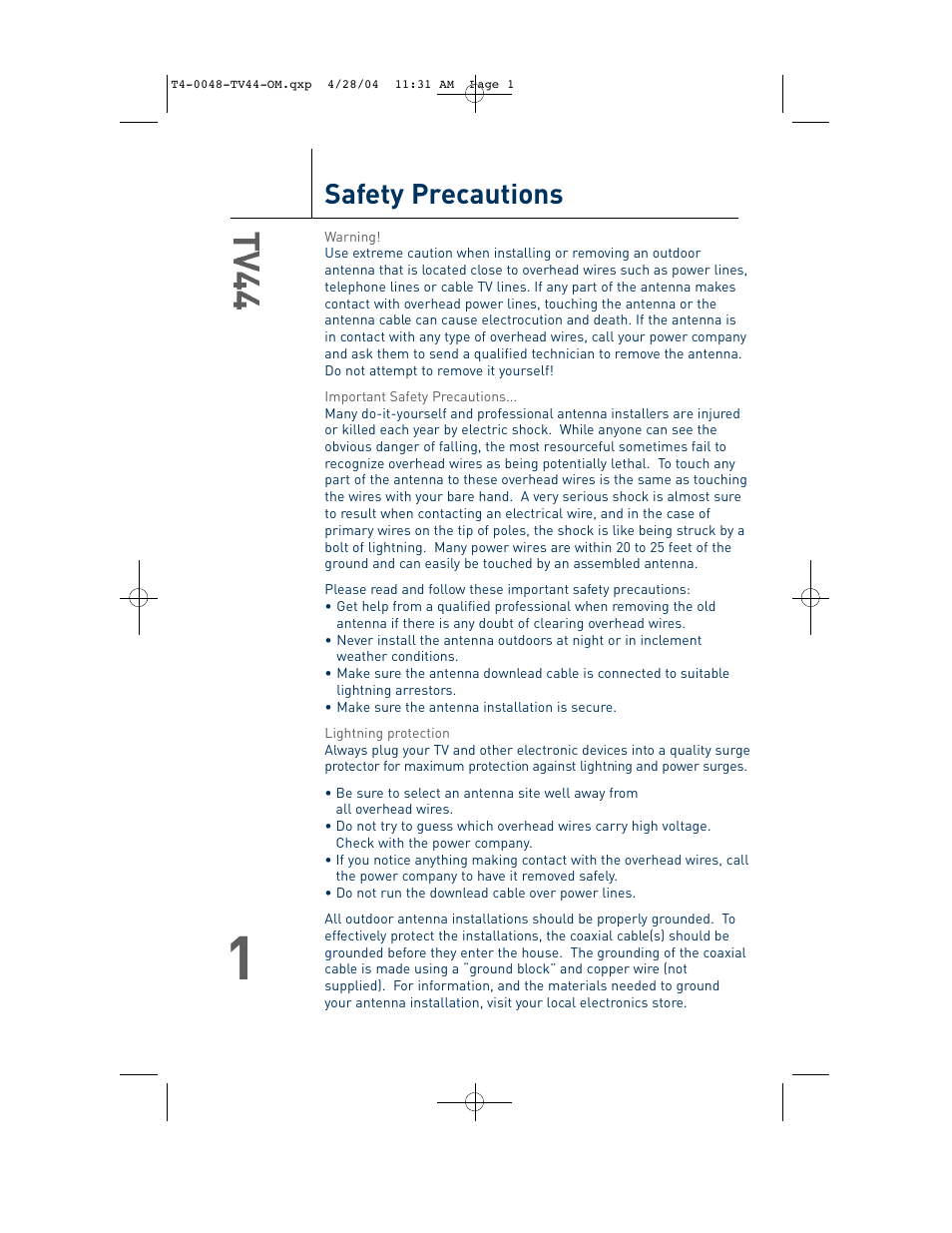 Safety precautions | TERK Technologies TV44 User Manual | Page 2 / 14