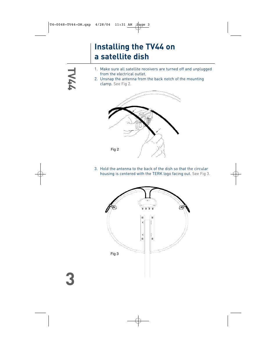 Installing the tv44 on a satellite dish | TERK Technologies TV44 User Manual | Page 4 / 14
