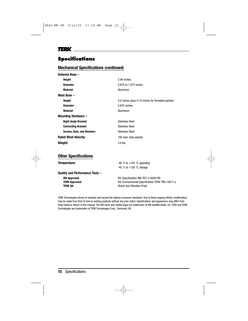Specifications, Mechanical specifications, Continued | Other specifications | TERK Technologies TERK XM4 MM User Manual | Page 10 / 12
