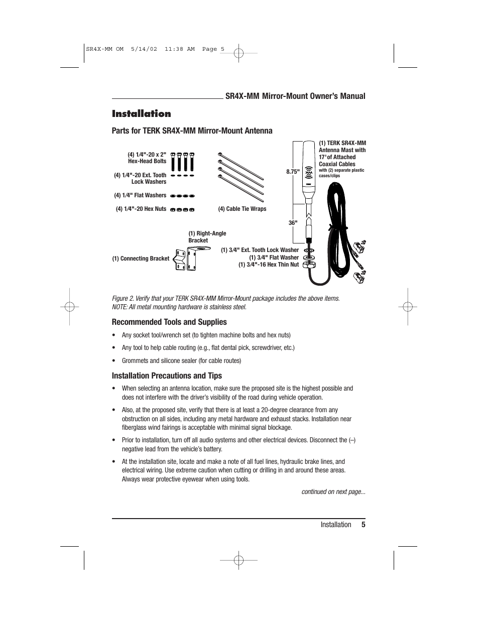 Installation, Sr4x-mm mirror-mount owner’s manual, Parts for terk sr4x-mm mirror-mount antenna | Recommended tools and supplies, Installation precautions and tips | TERK Technologies TERK XM4 MM User Manual | Page 5 / 12