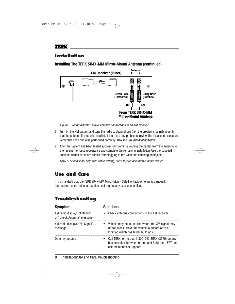 Installation, Use and care, Troubleshooting | TERK Technologies TERK XM4 MM User Manual | Page 8 / 12