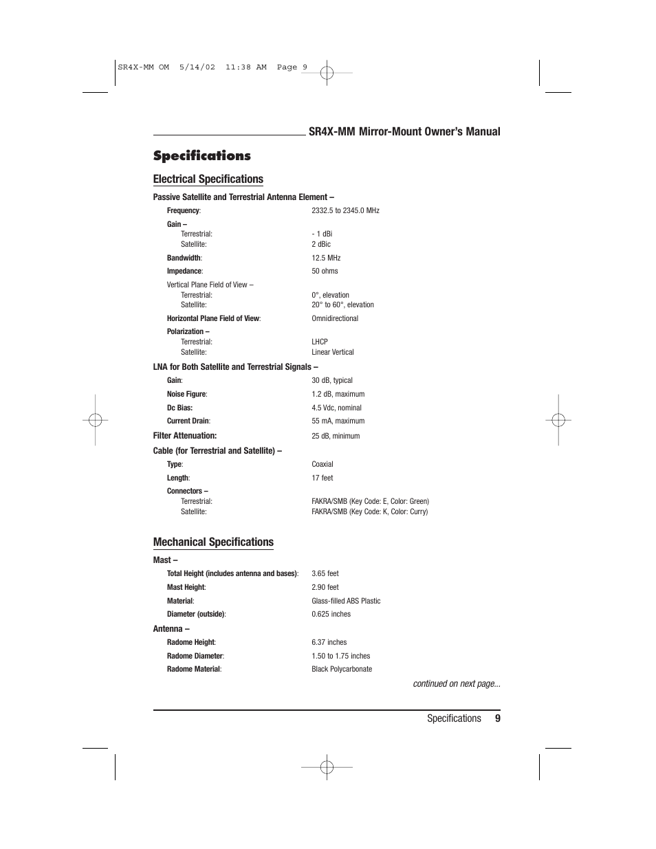 Specifications, Sr4x-mm mirror-mount owner’s manual, Electrical specifications | Mechanical specifications | TERK Technologies TERK XM4 MM User Manual | Page 9 / 12