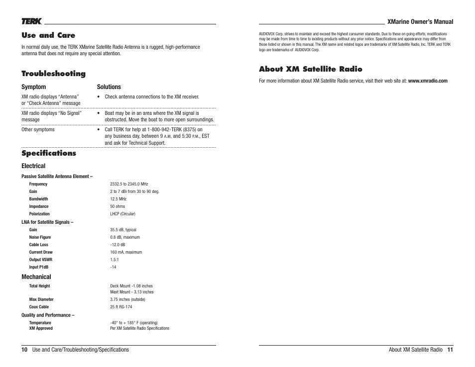 About xm satellite radio, Use and care, Troubleshooting | Specifications | TERK Technologies XMarine User Manual | Page 6 / 7