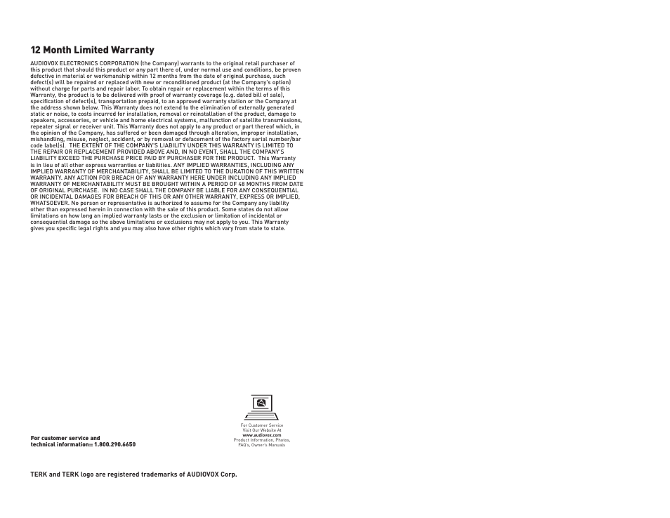 12 month limited warranty | TERK Technologies XMarine User Manual | Page 7 / 7