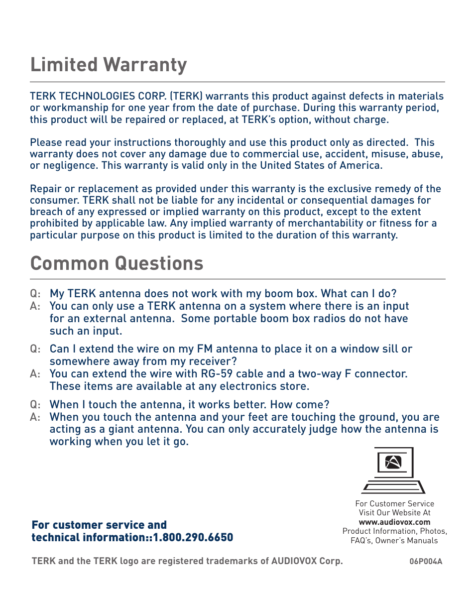 Limited warranty common questions | TERK Technologies AM/FM Tower Powered Indoor Antenna User Manual | Page 6 / 6