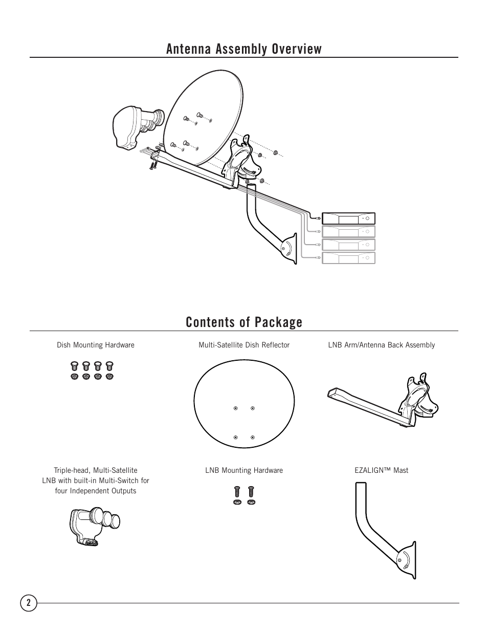 Antenna assembly overview contents of package | TERK Technologies Multi-Satellite Dish Antenna 1DIRECTV User Manual | Page 2 / 12